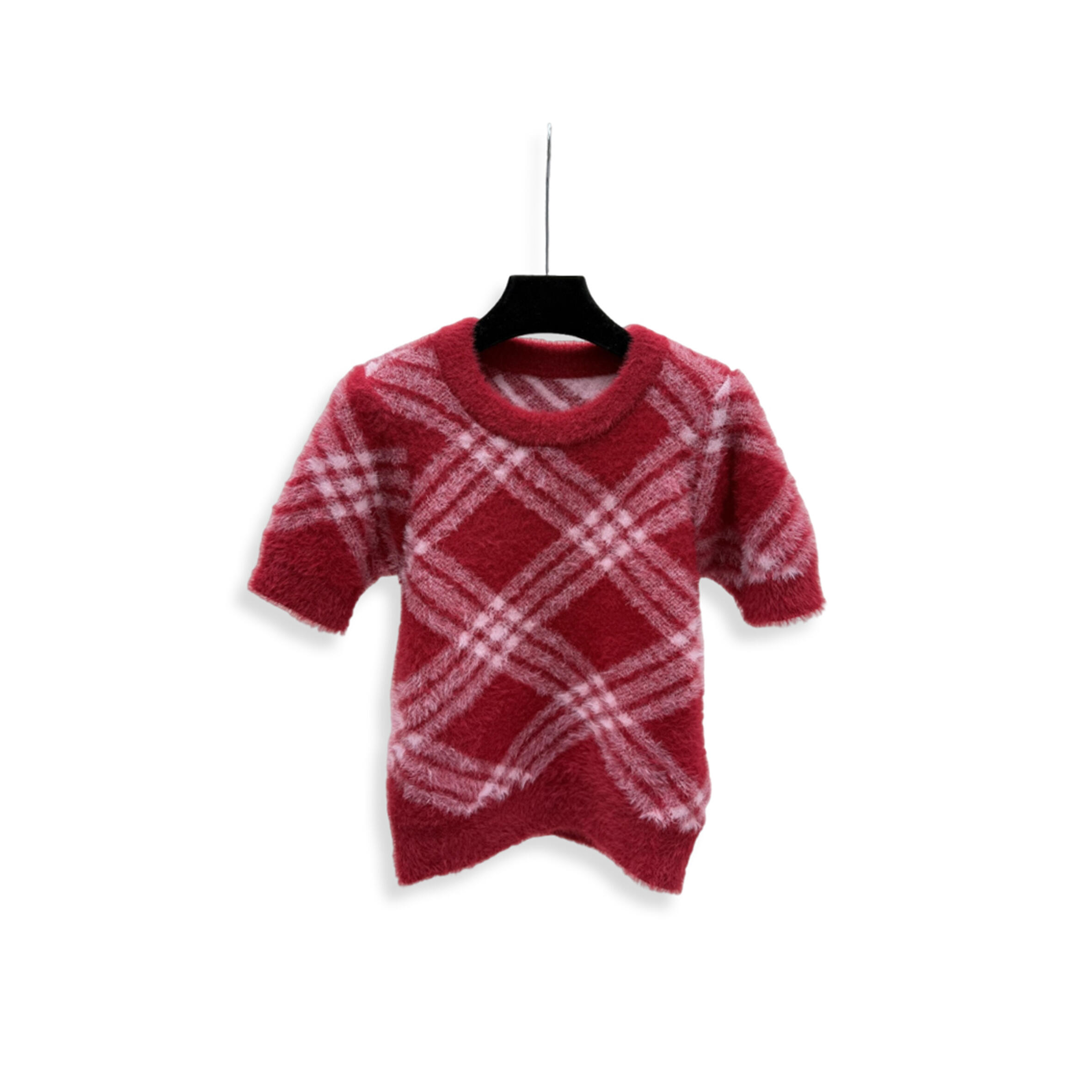 BURBERRY DIAMOND-PATTERNED ROUND NECK KNIT SHORT-SLEEVED TOP 